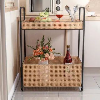 COZAYH Vintage Style Rattan Metal Bar Cart, Farmhouse Serving Cart with Wheels Rolling, Kitchen c... | Bed Bath & Beyond