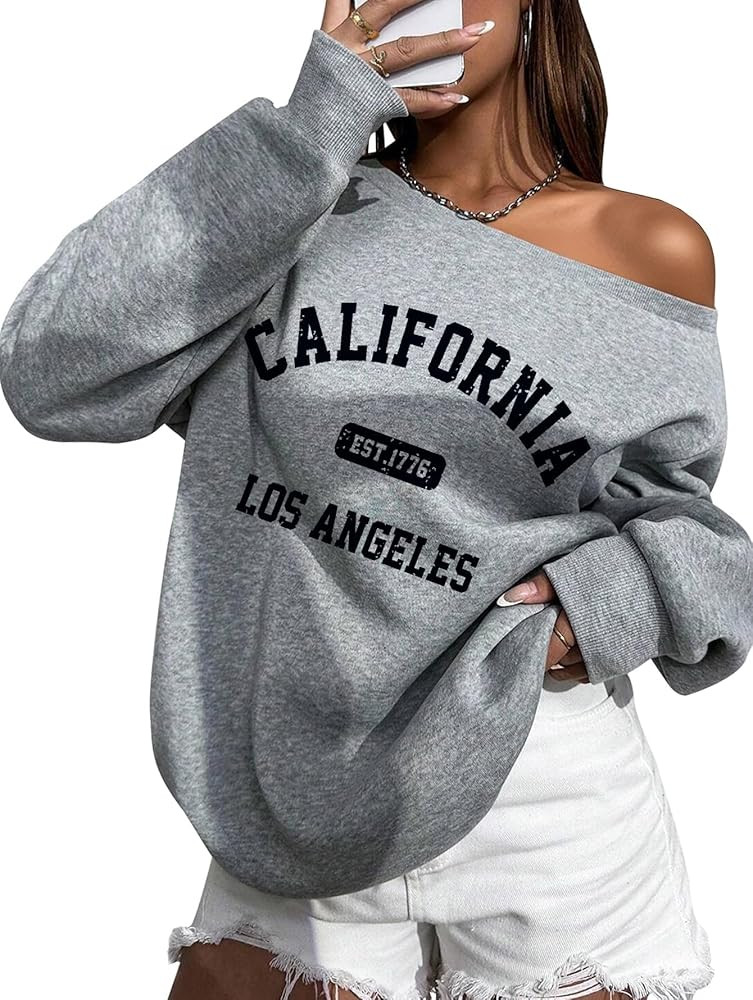 SOFIA'S CHOICE Women's Off Shoulder Sweatshirt Letter Graphic Oversized Long Sleeve Shirt Pullove... | Amazon (US)