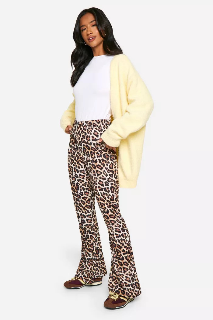 Petite Leopard High Waist Basic Fit & Flare Trouser | Boohoo.com (UK & IE)