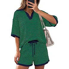 PRETTYGARDEN Women 2 Piece Lounge Sets Short Sleeve V Neck Striped Tops Drawstring Short Sets Bea... | Amazon (US)