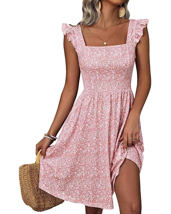 Loemes Summer Cute Floral Flowy Knee Length Sundressses Beach Dress for Women 2024 | Amazon (US)