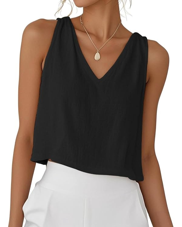 IDEALSANXUN Womens V Neck Cropped Cotton Linen Tank Tops Spring Summer Sleeveless Shirts | Amazon (US)