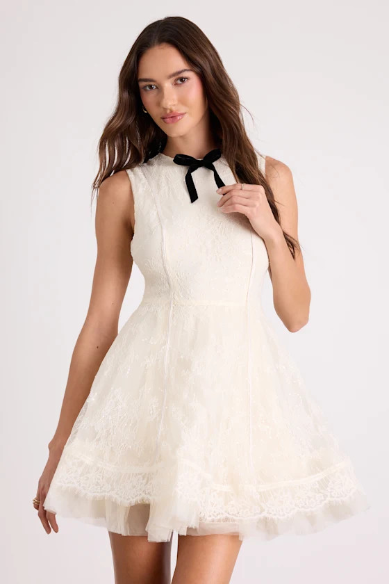 Charmaine Cream Lace Sleeveless Skater Mini Dress | Lulus