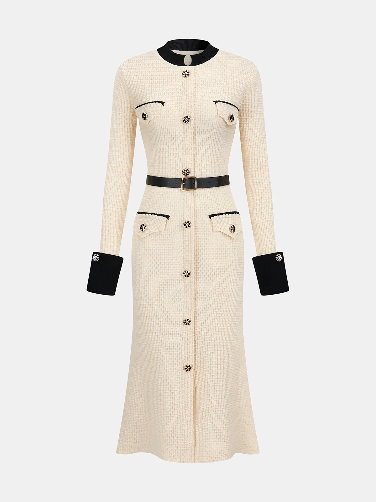 Contrast-Trim Button-Front Midi Dress with Belt | Commense