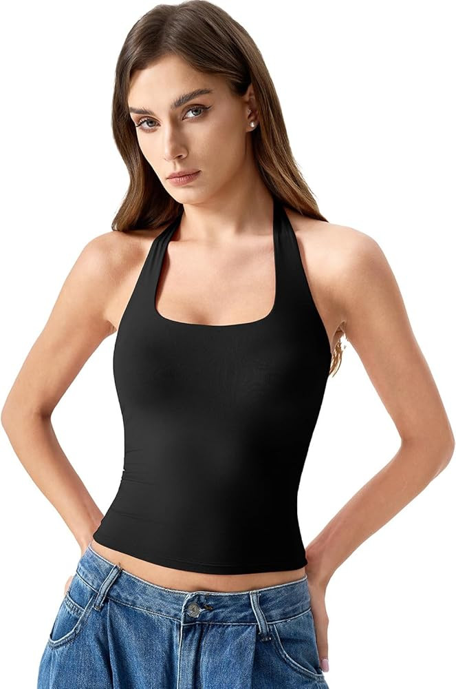 QINSEN Womens Halter Top Double Lined Tank Top Sleeveless Open Back Slim fit Going Out Tops | Amazon (US)