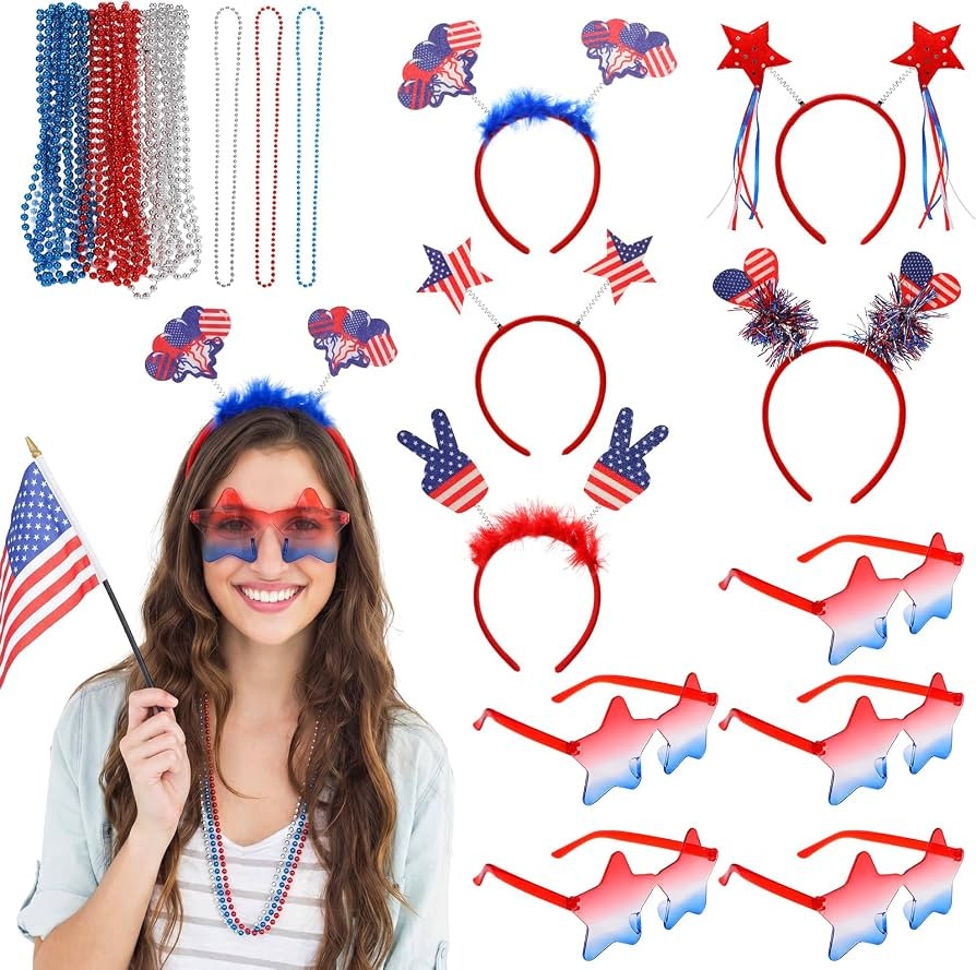 JATEBI 25PCS Memorial Day Accessories - Red White and Blue Headband American Flag Hairband Star S... | Amazon (US)