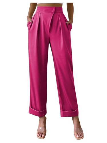 SweatyRocks Women's Elegant High Waist Roll Up Hem Pleated Wide Leg Pants with Pocket Hot Pink XS | Amazon (US)