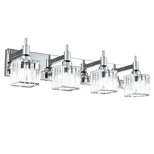 HUOKU Modern Crystal Bathroom Vanity Light 4-Light Wall Light Fixtures Over Mirror Chrome Vanity Lighting for Bathroom Square Shade Wall Sconce | Amazon (US)