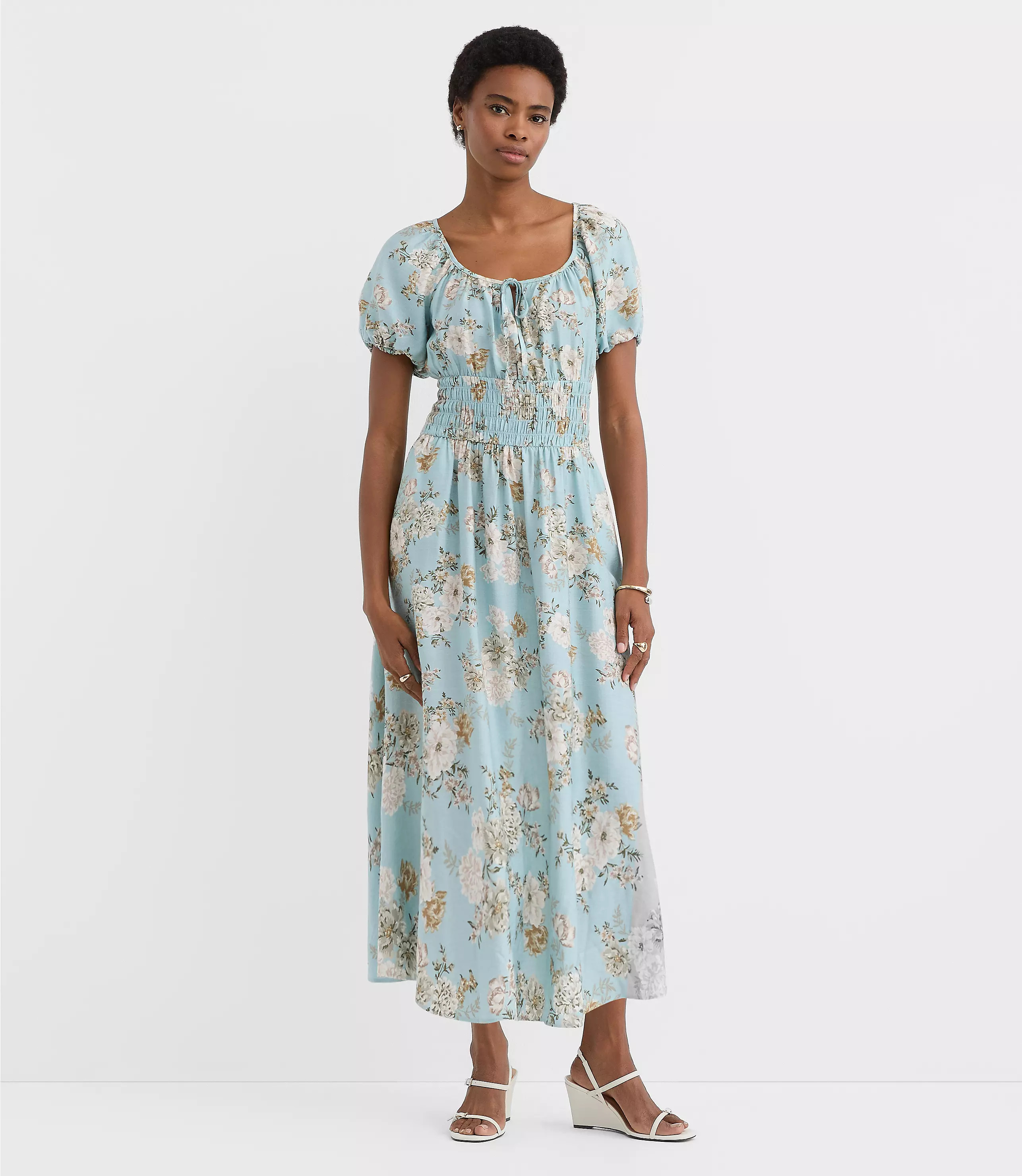Tall Floral Ruffle Tie Neck Smocked Midi Dress | LOFT