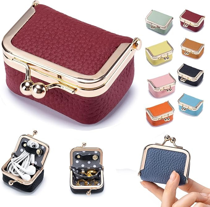 Genuine Leather Mini Jewelry Box & Coin Purse for Women, Travel Jewelry Case with Kiss Lock, Hold... | Amazon (US)