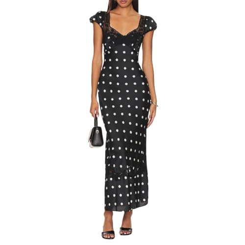 Long Satin Polka Dot Dress Women Sexy Backless Summer Maix Dress Y2k Floral Lace Coquette Beach Vacation Clothes (Black Polka Dot,Small) | Amazon (US)