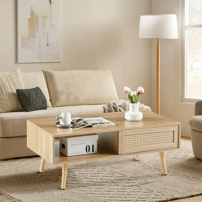Ufurpie Rattan Coffee Table with Sliding Door,Modern Rectangular Coffee Table with Open Storage S... | Walmart (US)