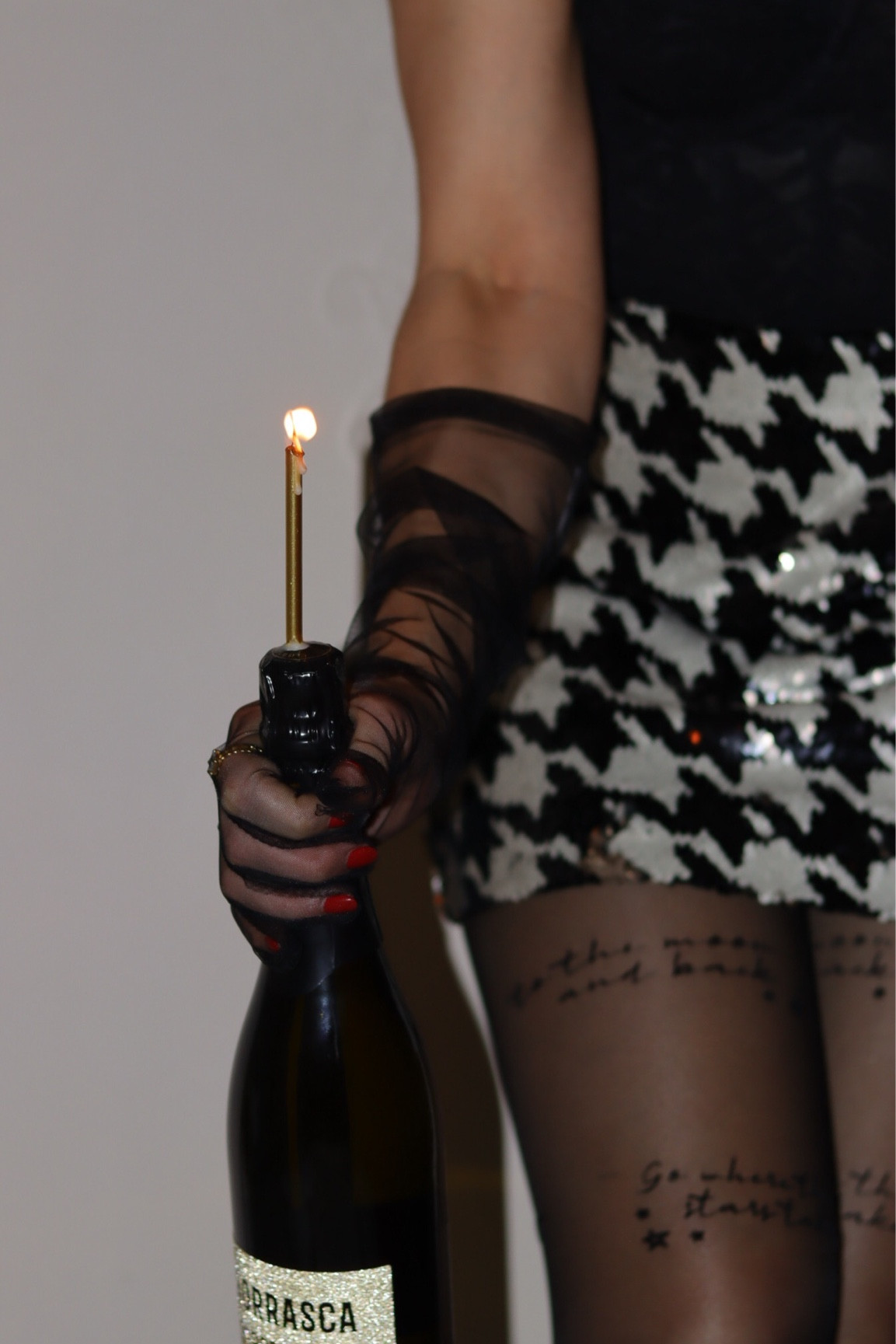 Baddie Birthday outfit : black Bardot bustier bodysuit, sequin houndstooth skirt from astr the label, handwriting tights from
Calzedonia, feather heels and sheer gloves 

#LTKparties #LTKshoecrush