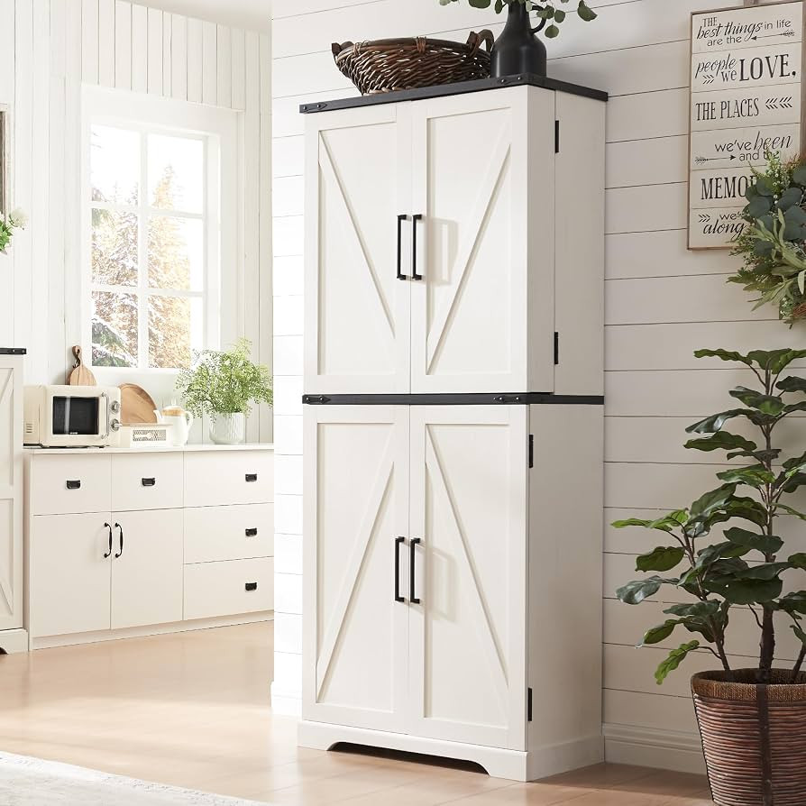 72" Tall Kitchen Pantry, Farmhouse Storage Cabinet with Barn Doors, Organizer, Drawer and Adjusta... | Amazon (US)