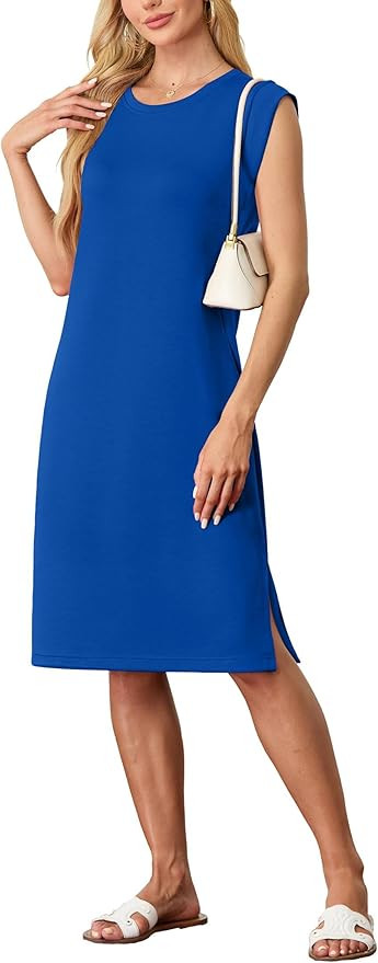 GRECERELLE 2026 Women Summer Round Neck Casual Loose Split Wrinkle-Free Midi Dress with Pockets (... | Amazon (US)
