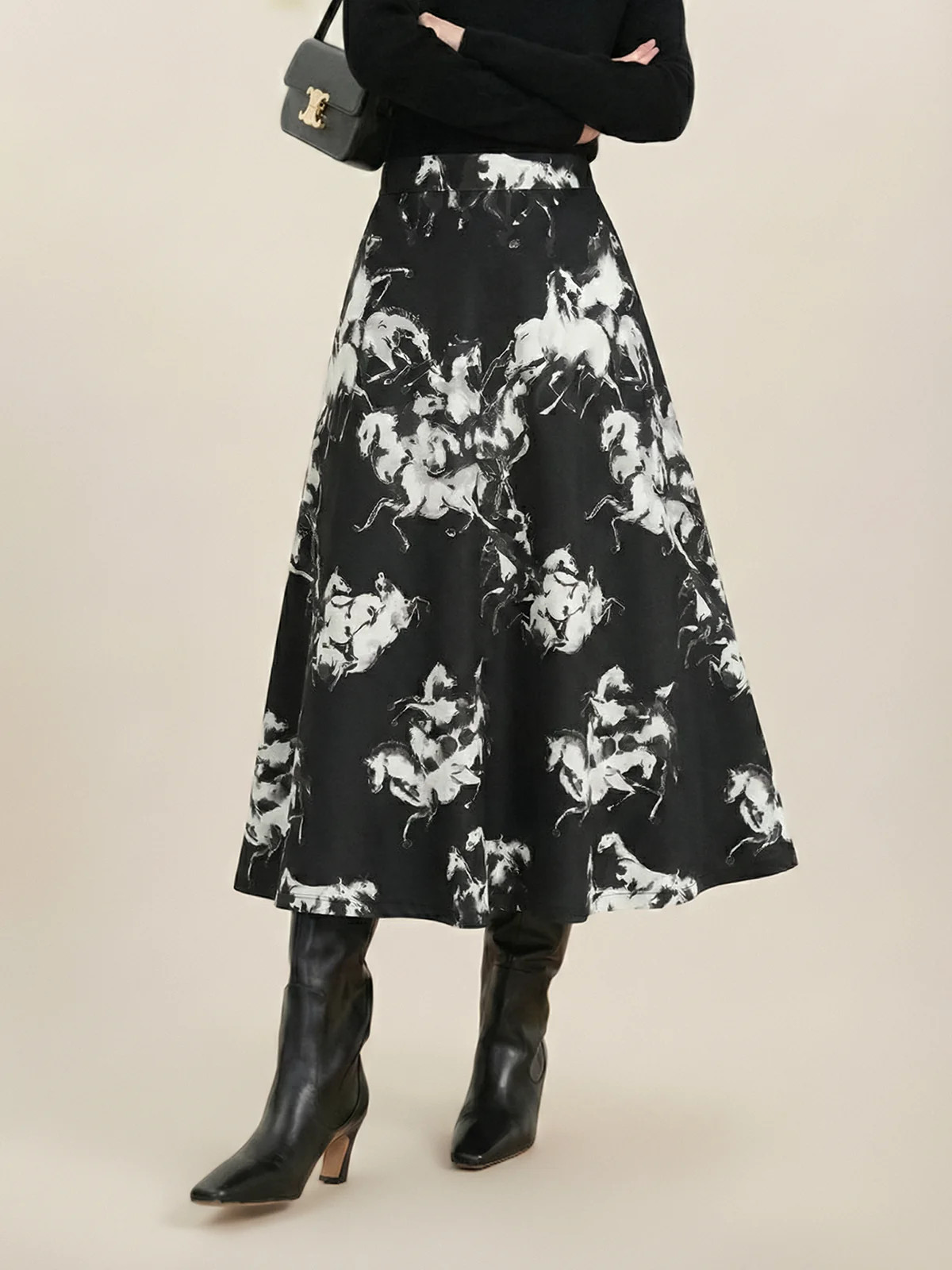 Ink Horse Print A-Line Midi Skirt | Commense