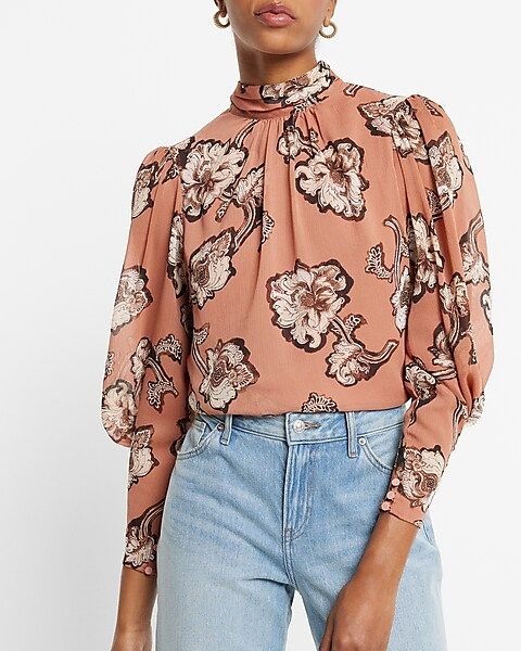 Floral Print Gathered Mock Neck Long Sleeve Open Back Top | Express