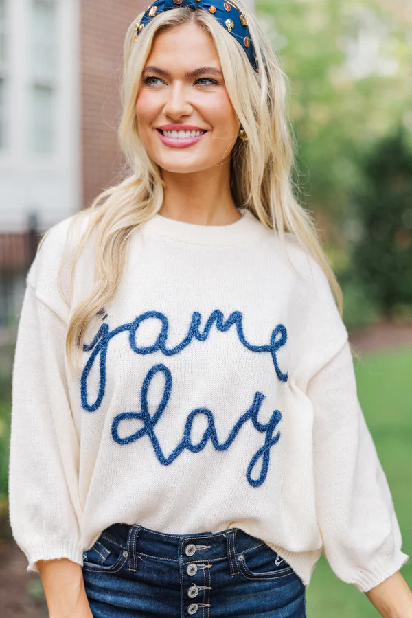 It's Game Day Ivory/Navy Puff Sleeve Sweater | The Mint Julep Boutique