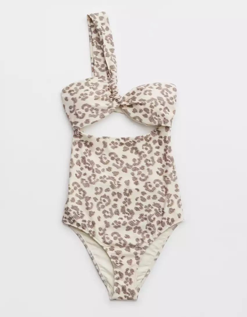 Aerie Leopard One Shoulder Bandeau One Piece Swimsuit | Aerie