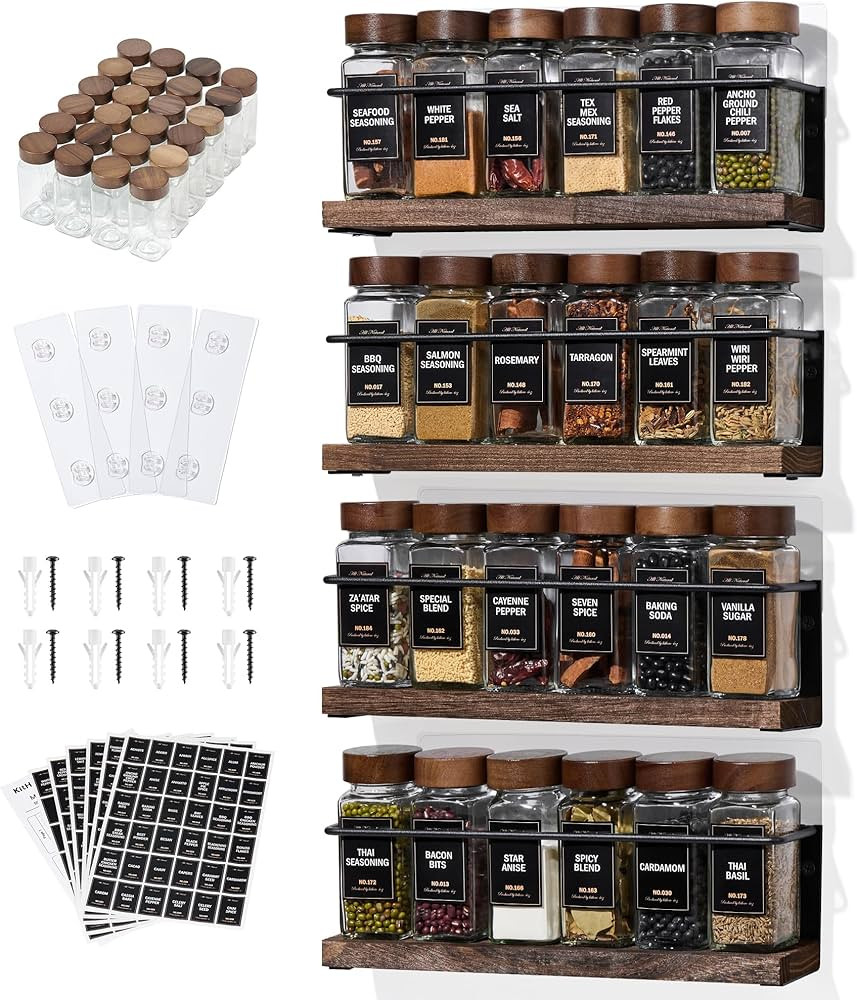 4-Tier Wall Mount Spice Rack Organizer with 24 Glass Jars, 216 Labels & Funnel - Screw/Adhesive M... | Amazon (US)