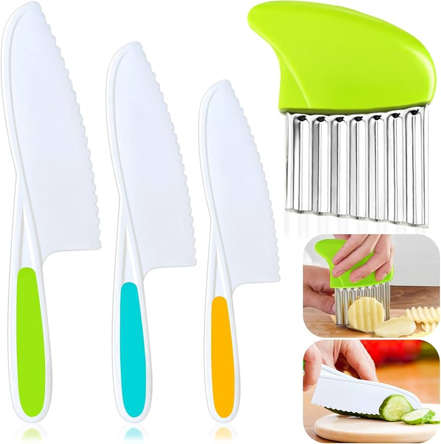 4 Pcs Kids Knife Set, Nylon Kitchen Knife with Crinkle Cutter, Serrated Edges Plastic Toddler Che... | Amazon (US)