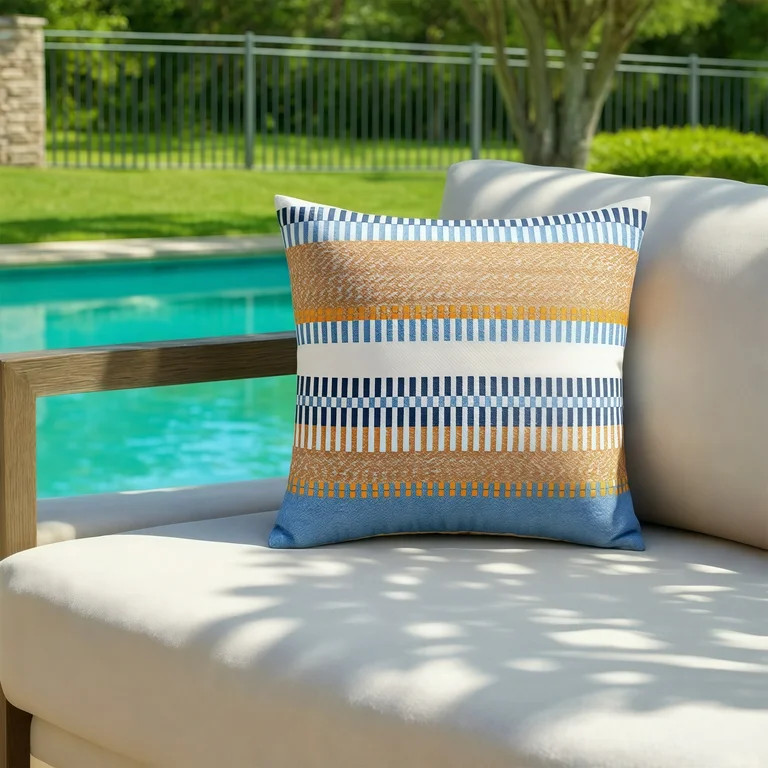 Better Homes & Gardens 18" x 18" Blue Multi-Stripe Outdoor Pillow | Walmart (US)