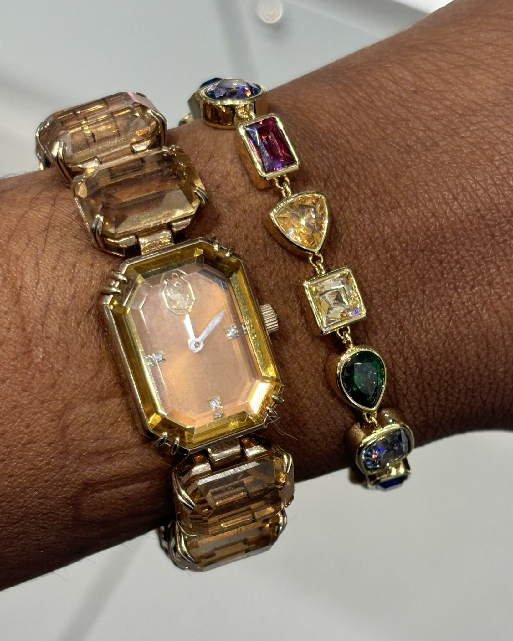 Elevated wrist stack featuring a stunning combination of a vintage-inspired gold watch with champagne crystal accents, a vibrant green emerald-cut bracelet, and a colorful gemstone bracelet. A perfect mix of classic and bold for a chic statement look!



#LTKStyleTip #LTKNYFW