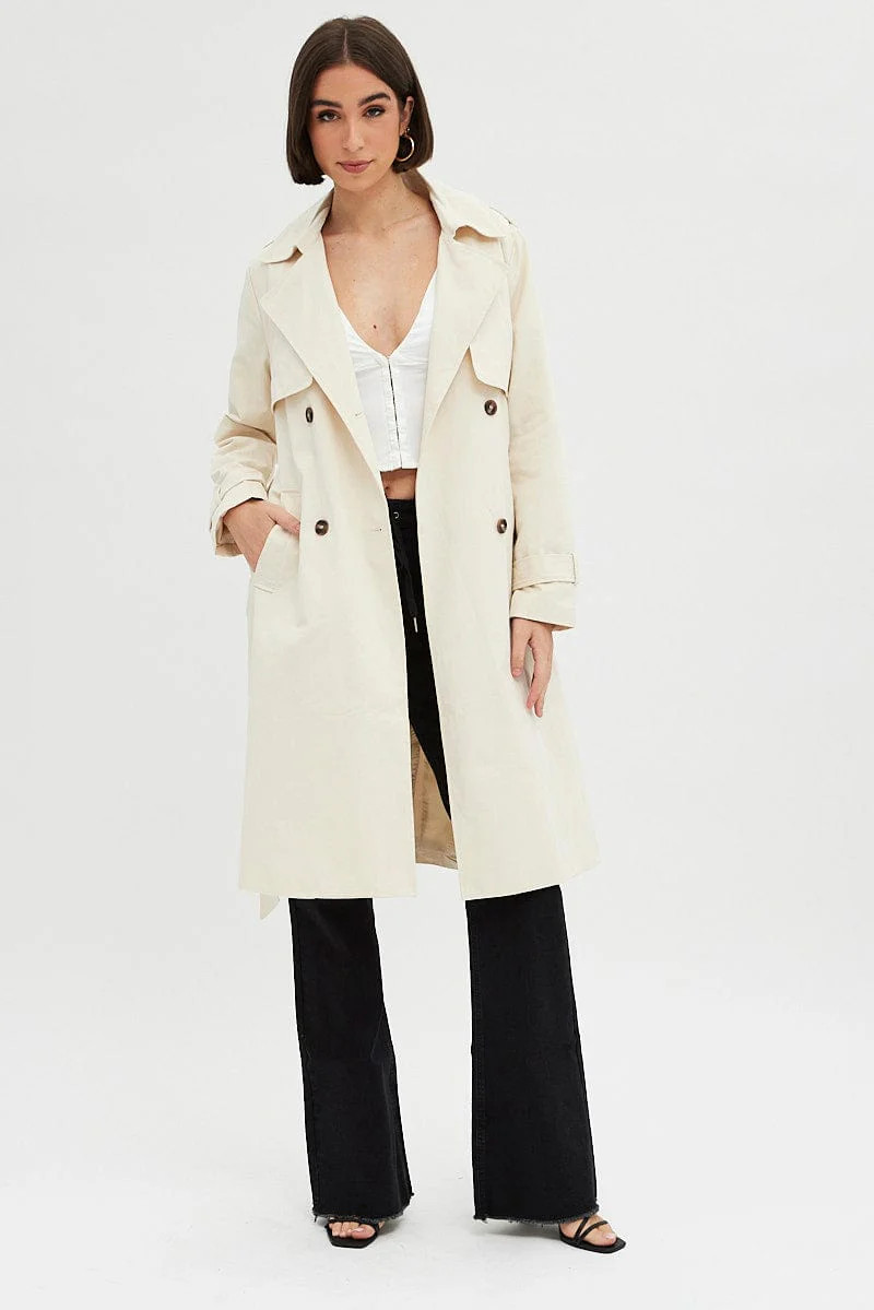 Beige Trench Coat Long Sleeves Cotton | Ally Fashion (US, Australia & New Zealand)