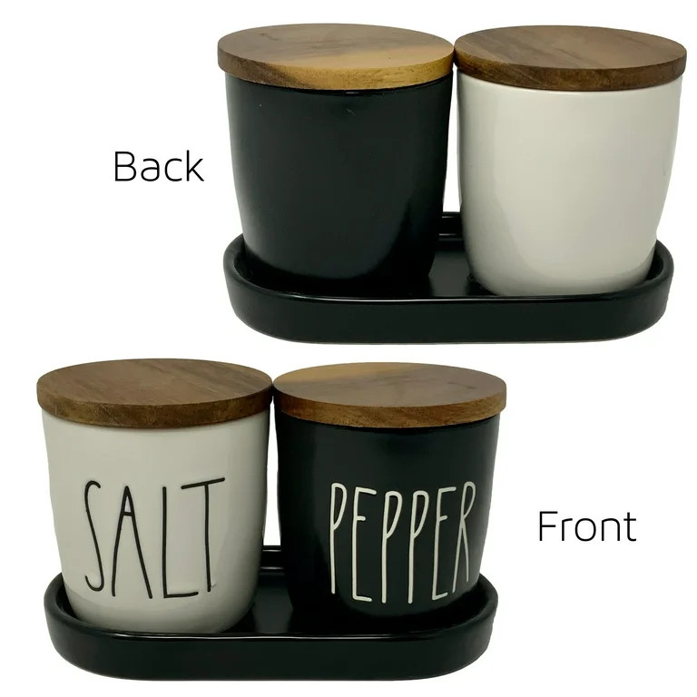 Rae Dunn by Magenta SALT & PEPPER Black &White Ceramic Cellars With Wood Lids and Ceramic Tray | Walmart (US)