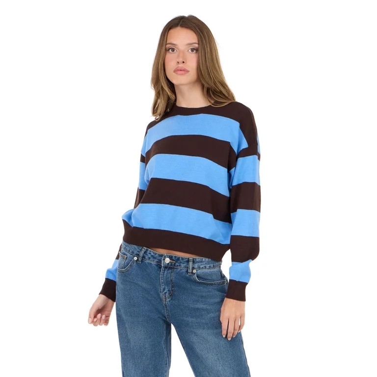Forever 21 Women's Blue & Brown Preppy Sweater, Rugby Stripe Design for Cozy Fall Layering, L | Walmart (US)