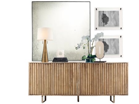 Entryway decor using an oversized wood credenza, antiqued mirror, and acrylic frames  

#LTKhome
