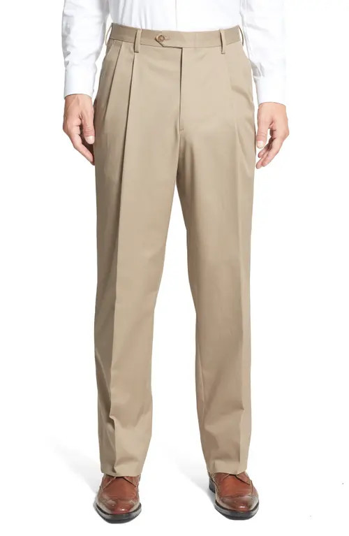 Berle Pleated Classic Fit Cotton Dress Pants in Khaki at Nordstrom, Size 32 X Unhemmed | Nordstrom