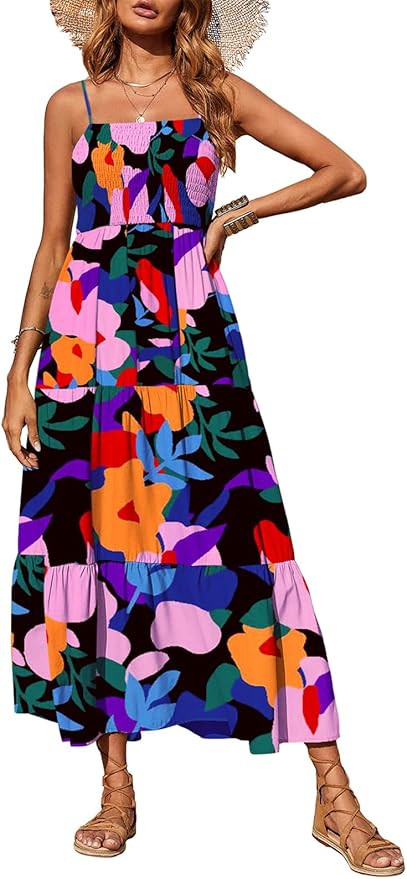 PRETTYGARDEN Women's Summer Maxi Dress 2026 Casual Boho Sleeveless Spaghetti Strap Smocked Tiered... | Amazon (US)