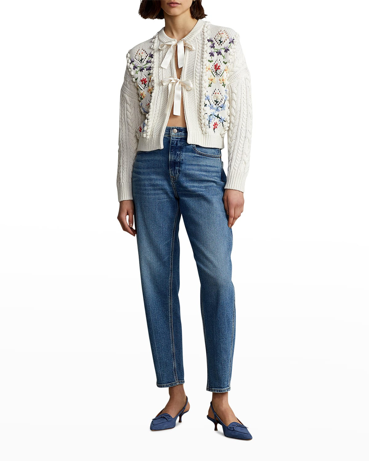 Embroidered Cable Wool-Blend Cardigan | Neiman Marcus