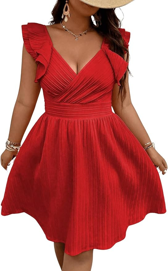 Floerns Women's Plus Size Wrap Front Sweetheart Neck Ruffle Cap Sleeve A Line Dress | Amazon (US)
