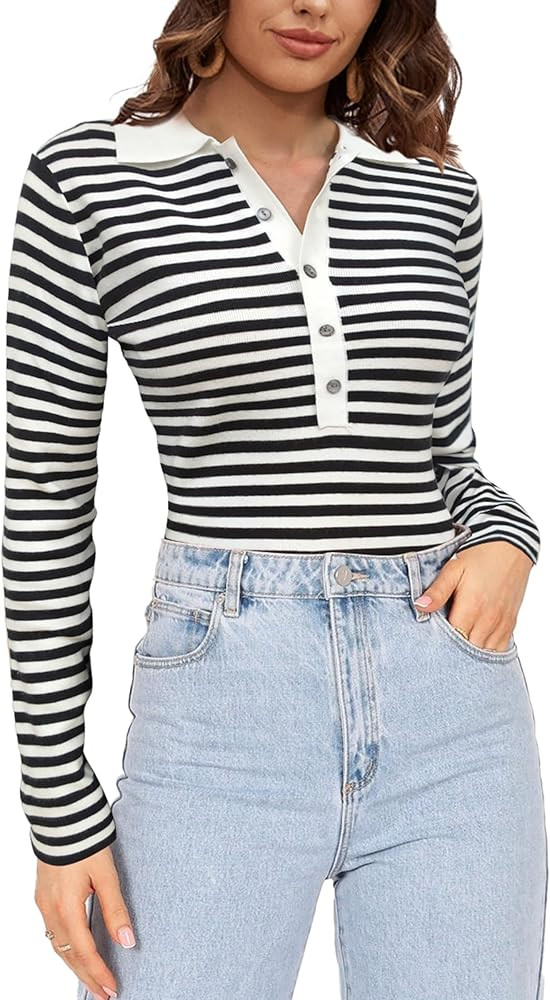 SuperPrity Long Sleeve Shirts for Women 2024 Fall Fashion V Neck Button Polo Sweaters Stretch Sli... | Amazon (US)