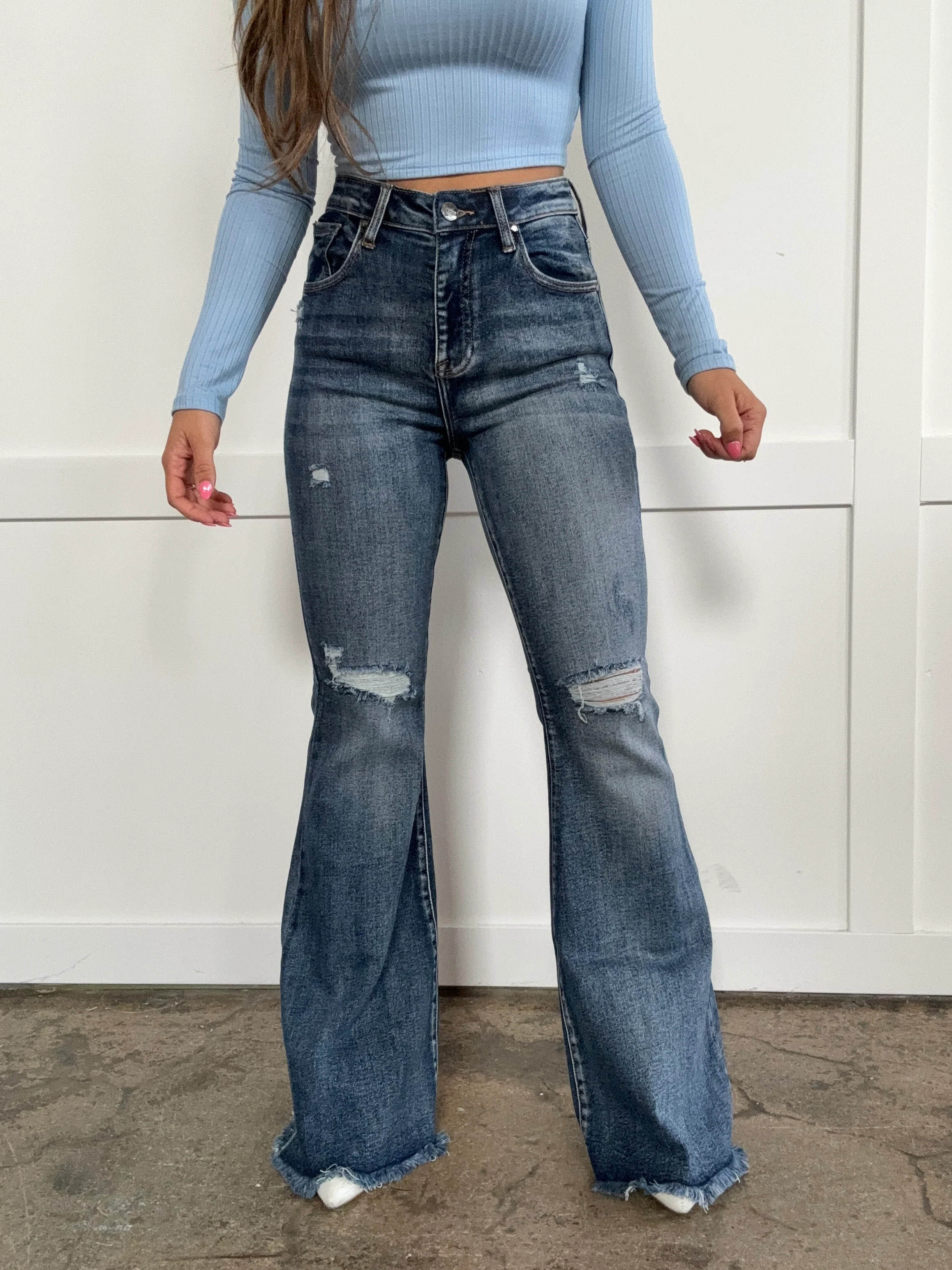 Erica High Waist Distressed Risen Flare Jeans | Willow Boutique