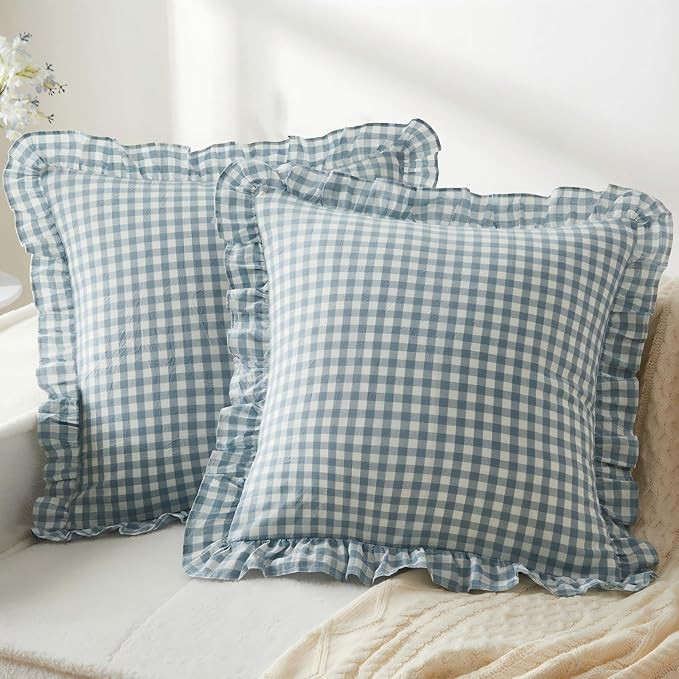 KKJIAF 2 Pcs Ruffle Gingham Pillow Covers 20" x 20", Dusty Blue Plaid | Soft & Breathable Cotton ... | Amazon (US)