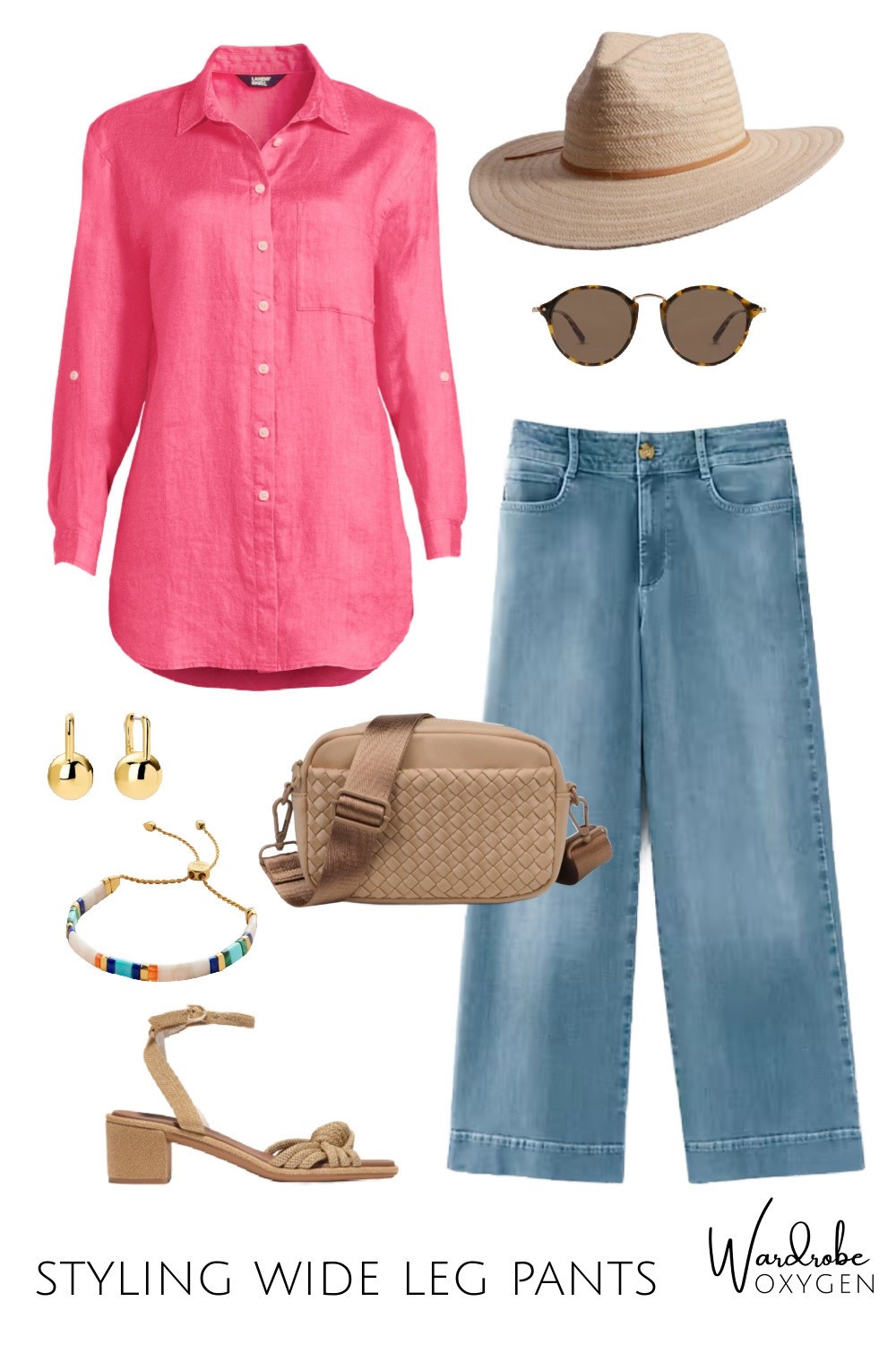 How to style denim wide leg pants with an untucked linen tunic. Tan and gold accessories perfect for breezy summer days. Check out the hat!

#LTKOver40 #LTKMidsize #LTKSeasonal