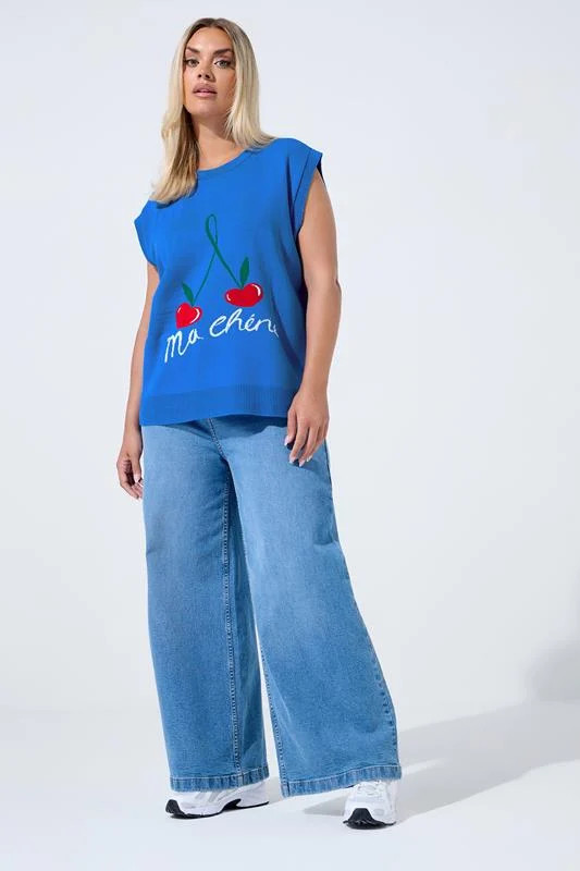LIMITED COLLECTION Plus Size Blue Cherry Knitted Vest Top | Yours Clothing UK