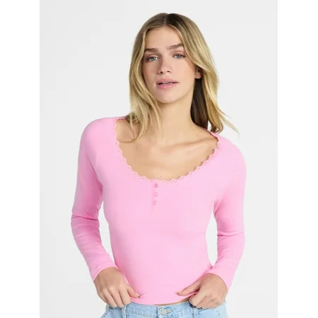 No Boundaries Long Sleeve Henley Top with Lace Trim Women s XXS-XXL | Walmart (US)