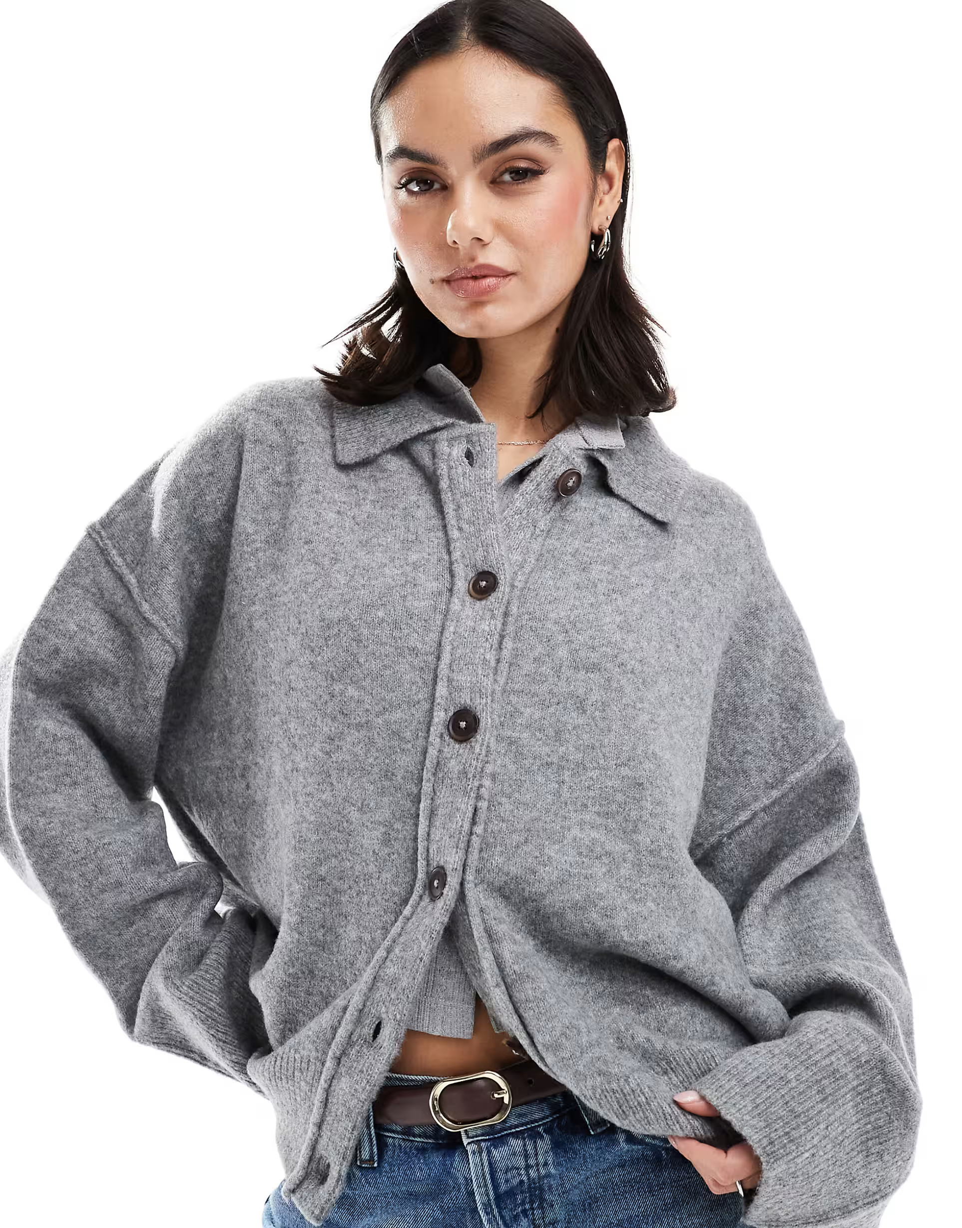 ASOS DESIGN knitted collar shirt cardigan with seam detail in gray | ASOS (Global)