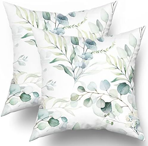 Spring Sage Green Leaf Pillow Covers 18x18 Set of 2, Eucalyptus Floral Watercolor Pillow Cushion Cas | Amazon (US)