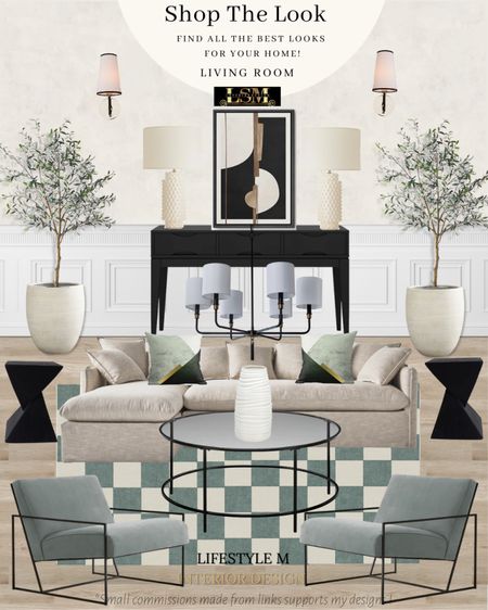 Modern and Transitional Living Room Design Idea. Grey sectional sofa, modern black end table, round glass top coffee table, checkered rug, green accent chairs, green throw pillow, living room chandelier, white tree planter pot, realistic fake tree, white bubble table lamp, black console table, modern abstract wall art, wall light sconce, white vase.

#LTKhome #LTKFind #LTKstyletip