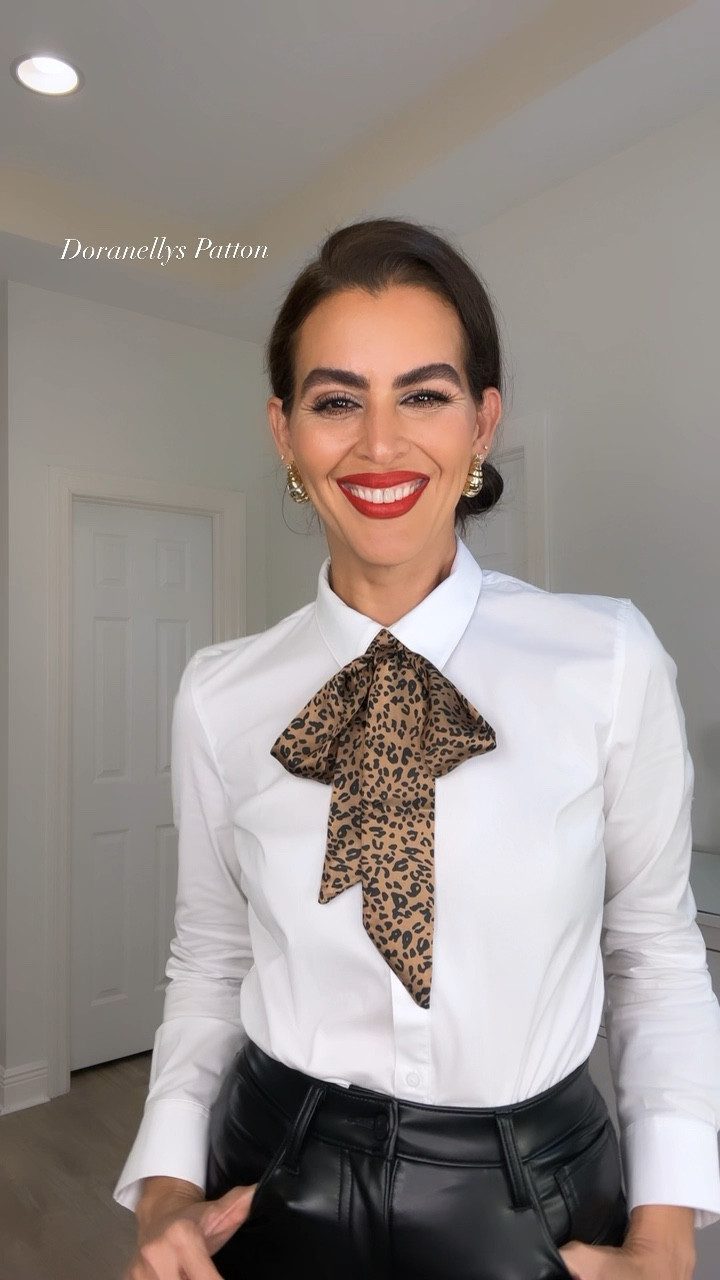 Size S in button down. Size 25R in faux leather pants. Scarf is 77” x 2” adding similar scarfs if they sell out. 

Lipstick color: ruby wool

#LTKstyletip #LTKSeasonal #LTKVideo