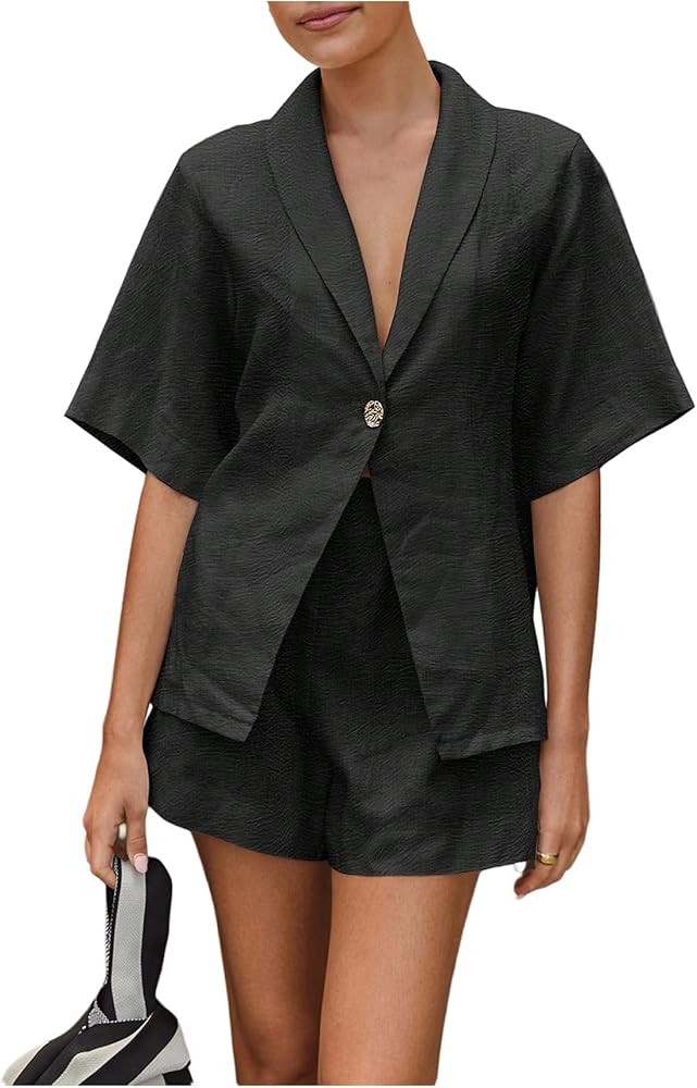Milumia Women's 2 Piece Outfit Button Front Collared V Neck Short Sleeve Shirt Shorts Sets | Amazon (US)