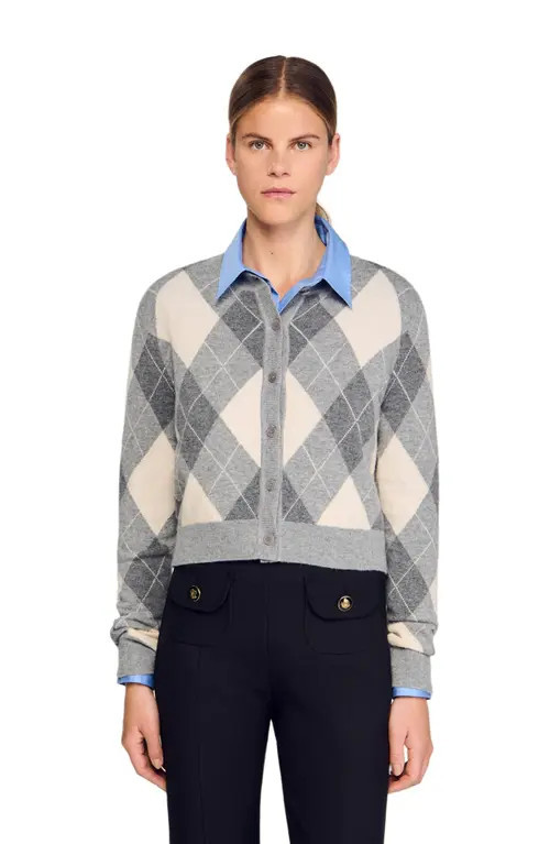 SANDRO Argyle pattern cardigan in Grey at Nordstrom, Size X-Large | Nordstrom