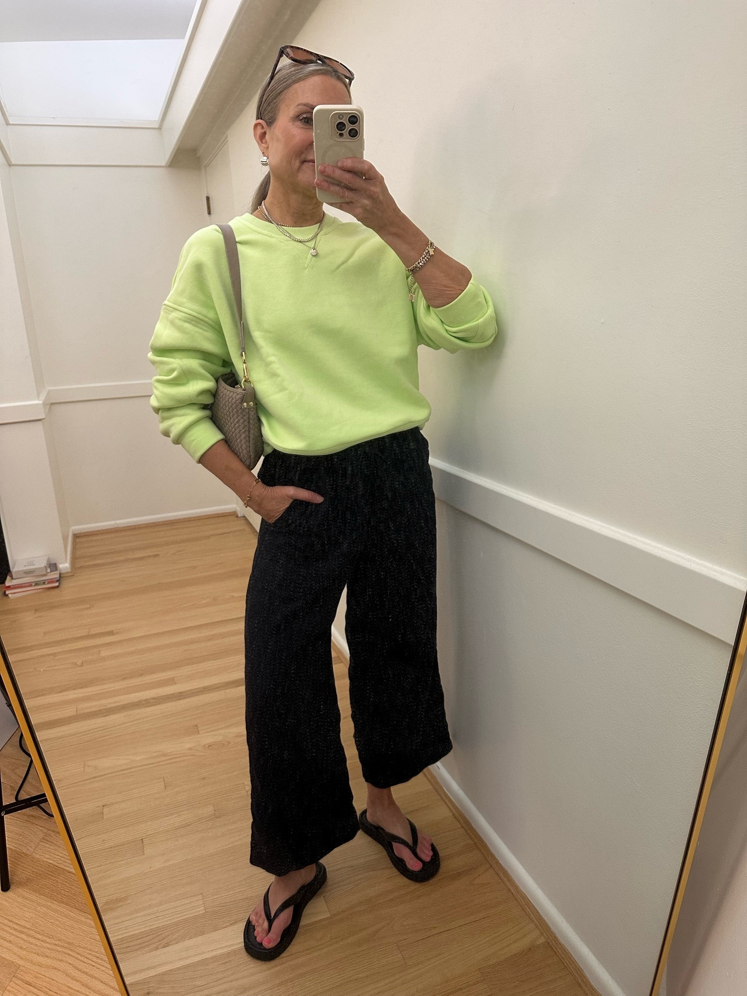 Loving the new @Spanx  Zest color! The softest, coziest fleece crewneck sweatshirt ever! Styled with @Splendid navy linen pants (code FOURTH 40% off!) and flip flops. 
#ltksalealert

#LTKOver40 #LTKootd #LTKTravel