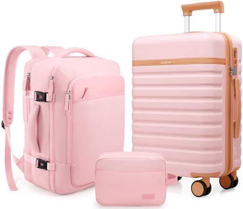 UKEIN Luggage Sets 3 Piece, Carry On Luggage 20In With Spinner Wheels,PC Hardside Suitcase Set with TSA Lock,Durable Carry On Suitcase With Travel Backpack for Men (Pink, 3 piece set (20inch)) | Amazon (US)
