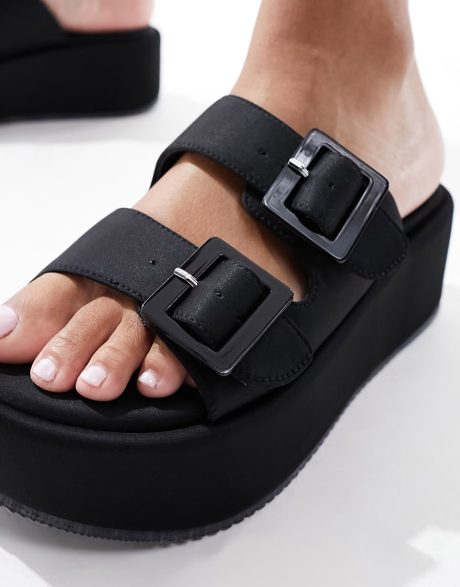 ASOS DESIGN Taxon buckle flatform mule sandals in black | ASOS (Global)